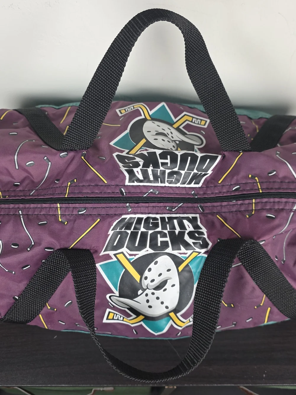 Vintage 90s Disney Mighty Ducks Purple Teal Duffel Bag Made USA